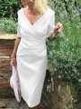 Sheath/Column V-neck Tea-Length Satin Mother of the Bride Dresses With Ruffles