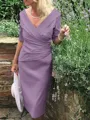 Sheath/Column V-neck Tea-Length Satin Mother of the Bride Dresses With Ruffles