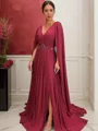 A-Line/Princess V-neck Court Train Chiffon Mother of the Bride Dresses With Leg Slit