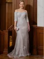Sheath/Column Off-the-Shoulder Sweep Train Lace Applique Mother of the Bride Dresses