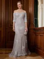 Sheath/Column Off-the-Shoulder Sweep Train Lace Applique Mother of the Bride Dresses