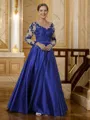 A-Line/Princess V-neck Floor-Length Satin Floor-Length With Applique