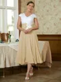 A-Line/Princess V-neck Tea-Length Chiffon Mother of the Bride Dresses With Lace