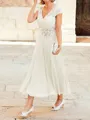A-Line/Princess V-neck Tea-Length Chiffon Mother of the Bride Dresses With Lace Applique