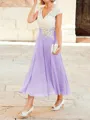 A-Line/Princess V-neck Tea-Length Chiffon Mother of the Bride Dresses With Lace Applique