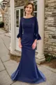 Sheath Scoop 3/4 Sleeves Pleated Sweep Train Charmeuse Mother of the Bride Dress