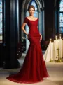 Trumpet/Mermaid Off-the-Shoulder Sweep Train Satin Mother of the Bride Dresses With Beading