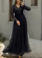 A-line V-neck Long Sleeves Appliques Lace Floor-Length Tulle Mother of the Bride Dress