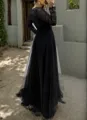 A-line V-neck Long Sleeves Appliques Lace Floor-Length Tulle Mother of the Bride Dress