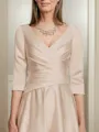 A-line V-neck 3/4 Sleeves Pleated Tea-Length Satin Mother of the Bride Dress