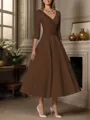 A-line V-neck 3/4 Sleeves Pleated Tea-Length Satin Mother of the Bride Dress
