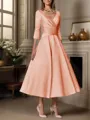 A-line V-neck 3/4 Sleeves Pleated Tea-Length Satin Mother of the Bride Dress