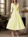 A-line V-neck 3/4 Sleeves Pleated Tea-Length Satin Mother of the Bride Dress