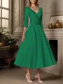 A-line V-neck 3/4 Sleeves Pleated Tea-Length Satin Mother of the Bride Dress