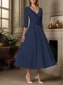 A-line V-neck 3/4 Sleeves Pleated Tea-Length Satin Mother of the Bride Dress