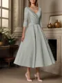 A-line V-neck 3/4 Sleeves Pleated Tea-Length Satin Mother of the Bride Dress