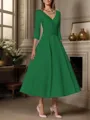 A-line V-neck 3/4 Sleeves Pleated Tea-Length Satin Mother of the Bride Dress