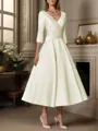 A-line V-neck 3/4 Sleeves Pleated Tea-Length Satin Mother of the Bride Dress