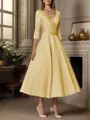 A-line V-neck 3/4 Sleeves Pleated Tea-Length Satin Mother of the Bride Dress
