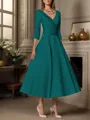 A-line V-neck 3/4 Sleeves Pleated Tea-Length Satin Mother of the Bride Dress