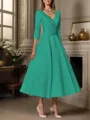A-line V-neck 3/4 Sleeves Pleated Tea-Length Satin Mother of the Bride Dress