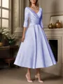A-line V-neck 3/4 Sleeves Pleated Tea-Length Satin Mother of the Bride Dress