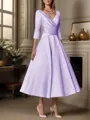 A-line V-neck 3/4 Sleeves Pleated Tea-Length Satin Mother of the Bride Dress