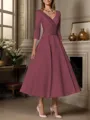 A-line V-neck 3/4 Sleeves Pleated Tea-Length Satin Mother of the Bride Dress