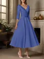A-line V-neck 3/4 Sleeves Pleated Tea-Length Satin Mother of the Bride Dress