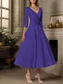 A-line V-neck 3/4 Sleeves Pleated Tea-Length Satin Mother of the Bride Dress