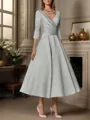 A-line V-neck 3/4 Sleeves Pleated Tea-Length Satin Mother of the Bride Dress