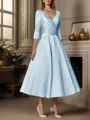 A-line V-neck 3/4 Sleeves Pleated Tea-Length Satin Mother of the Bride Dress