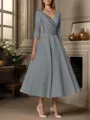 A-line V-neck 3/4 Sleeves Pleated Tea-Length Satin Mother of the Bride Dress