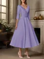 A-line V-neck 3/4 Sleeves Pleated Tea-Length Satin Mother of the Bride Dress