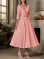 A-line V-neck 3/4 Sleeves Pleated Tea-Length Satin Mother of the Bride Dress