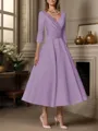 A-line V-neck 3/4 Sleeves Pleated Tea-Length Satin Mother of the Bride Dress