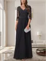 A-line V-neck 3/4 Sleeves Ruffles Floor-Length Chiffon Mother of the Bride Dress