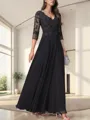 A-line V-neck 3/4 Sleeves Ruffles Floor-Length Chiffon Mother of the Bride Dress