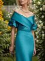 Sheath Off-the-Shoulder Short Sleeves Pleated Floor-Length Satin Mother of the Bride Dress
