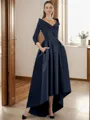 A-line V-neck 3/4 Sleeves Pleated Asymmetrical Satin Mother of the Bride Dress