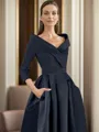 A-line V-neck 3/4 Sleeves Pleated Asymmetrical Satin Mother of the Bride Dress