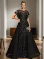 A-line Bateau Short Sleeves Sequin Floor-Length Chiffon Mother of the Bride Dress