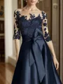 A-line Illusion 3/4 Sleeves Bow Tea-Length Satin Mother of the Bride Dress
