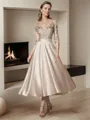 A-line V-neck 3/4 Sleeves Applique Tea-Length Satin Mother of the Bride Dress
