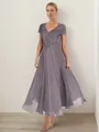 A-line V-neck Short Sleeves Ruffles Ankle-Length Chiffon Mother of the Bride Dress