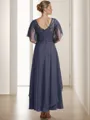 A-line V-neck Short Sleeves Ruffles Ankle-Length Chiffon Mother of the Bride Dress