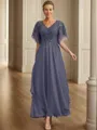 A-line V-neck Short Sleeves Ruffles Ankle-Length Chiffon Mother of the Bride Dress