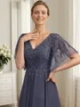A-line V-neck Short Sleeves Ruffles Ankle-Length Chiffon Mother of the Bride Dress