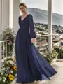 A-line V-neck Long Sleeves Ruffles Floor-Length Chiffon Mother of the Bride Dress
