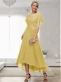 A-line Bateau 1/2 Sleeves Ruffles Asymmetrical Chiffon Mother of the Bride Dress